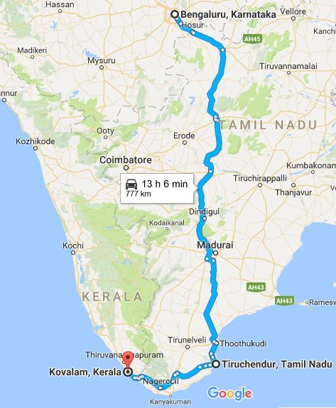 bangalore-to-kovalam-map-via-tiruchendur